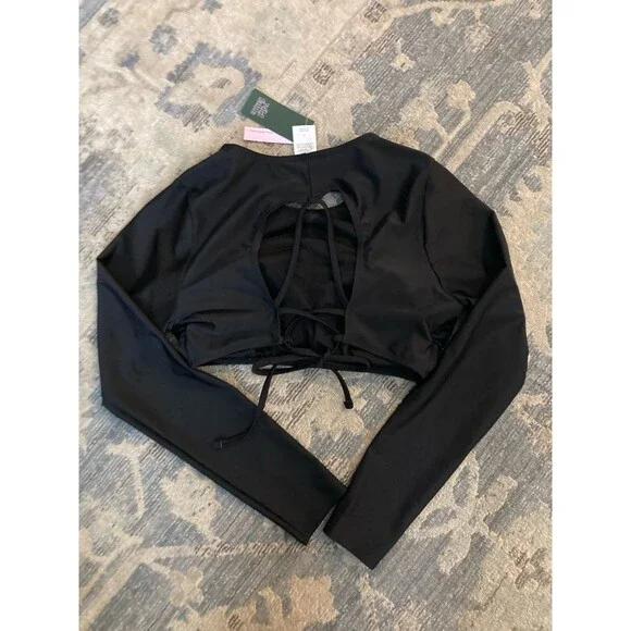 Wild Fable Black Lace-Up Back Long Sleeve Cropped Swim Rash Guard Large NWT - Picture 7 of 7